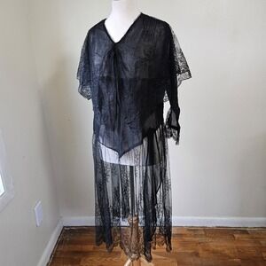 Vtg/Antique 1920s Black‎ Mourning Silk Chiffon Lace Sheer Dress Capelet Medium